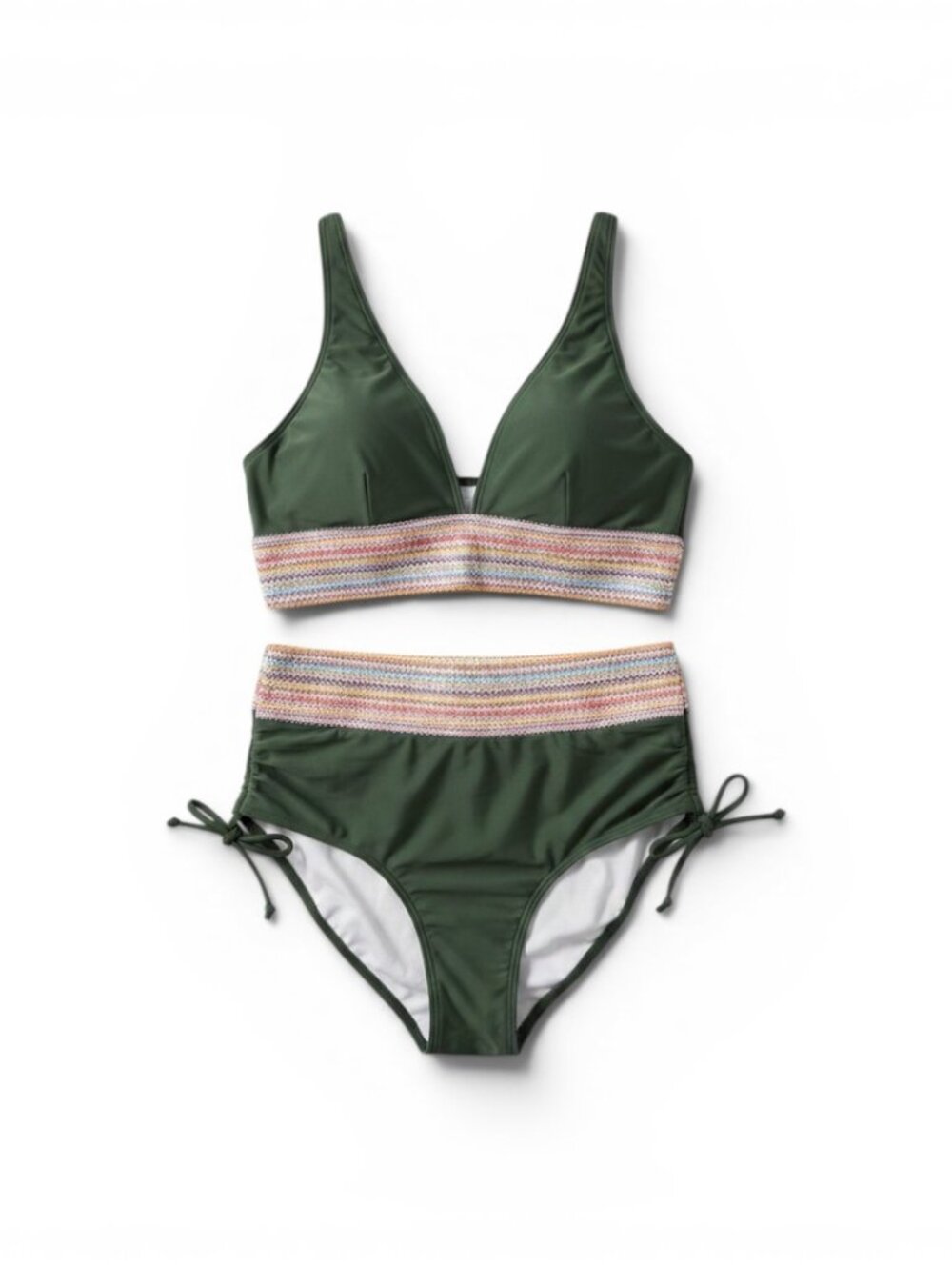 Olive High-Waist Bikini Set with Multicolor Trim